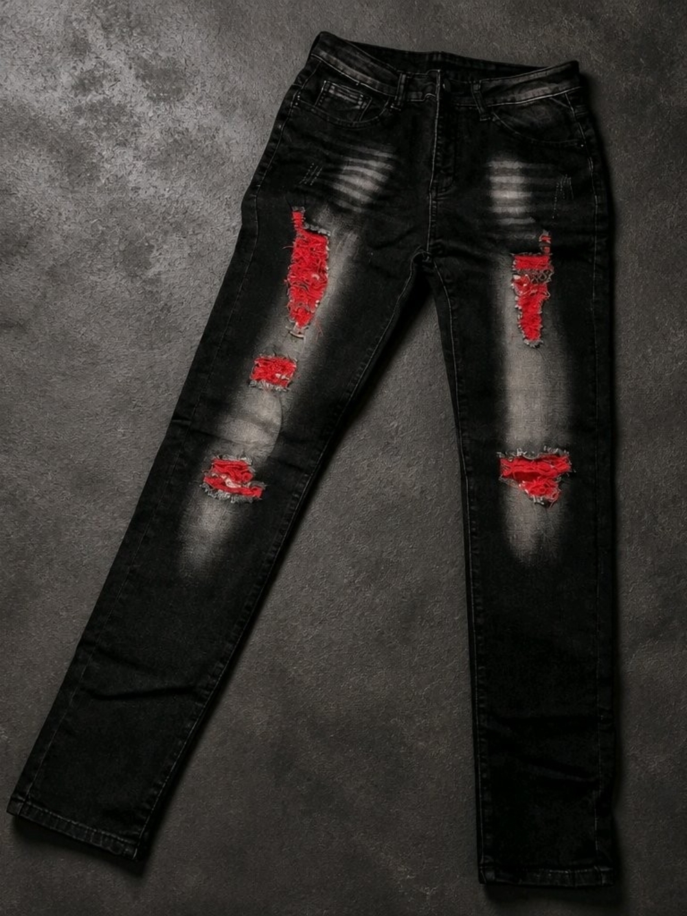 Black Skinny Jeans with Red Distressed Underlay